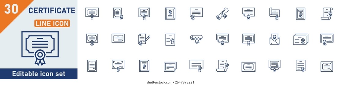 Conjunto de ícones de linha de certificado. Conjunto de 30 ícones relacionados a certificado, conquista, prêmio, concessão, diploma e outros. Traçado editável. Ilustração vetorial.