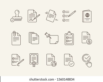 Conjunto de iconos de línea de certificado. Papeles, sello, pasaporte. Concepto de documentos. Puede ser utilizado para temas como negocios, contrato, Acuerdo
