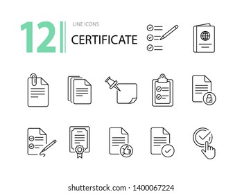 Certificate line icon set. Papers, stamp, passport. Documents concept. Can be used for topics like business, contract, agreement