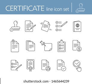 Certificate line icon set. Papers, stamp, passport. Documents concept. Can be used for topics like business, contract, agreement