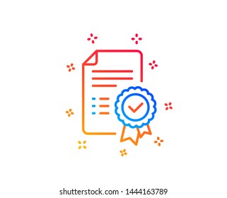 Certificate line icon. Verified document sign. Accepted or confirmed symbol. Gradient design elements. Linear certificate icon. Random shapes. Vector