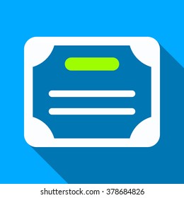 Certificate long shadow vector icon. Style is a flat light symbol with rounded angles on a blue square background.