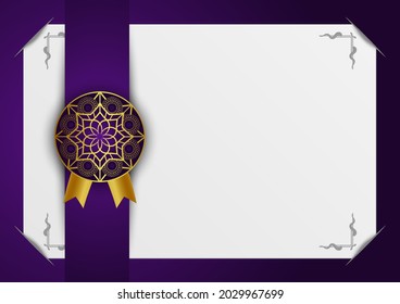 Certificate luxury mandala graphic background. gold ornamental purple white on shadow transparency. Decorative pattern east style. Vector illustration with copy space.