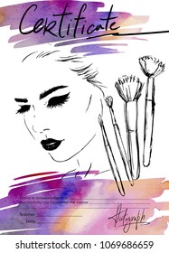 Certificate for make-up artist. Image of a girl and makeup brushes. svg