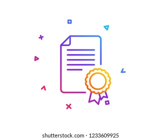 Certificate Medal line icon. Diploma achievement symbol. Document with approved badge sign. Gradient line button. Certificate icon design. Colorful geometric shapes. Vector