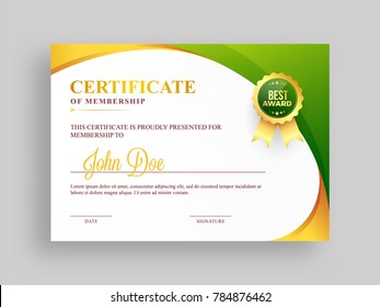 Certificate of membership with badge on golden and green abstract background.