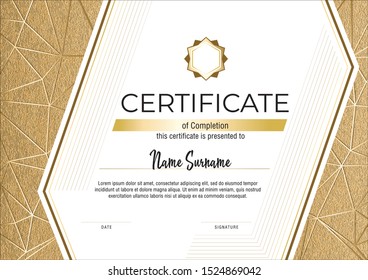 Certificate with metallic gold lines on mate gold background. Modern fashion horisontal Certificate template. Elegant diploma in vector.