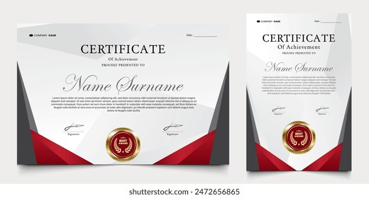 certificate with modern background of red and gold colors. graduation design elements, best employees and others.