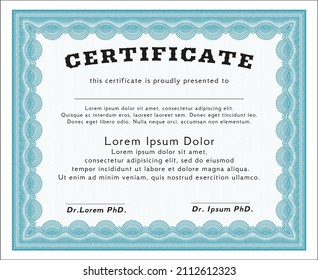 Certificate.  Money Pattern design.  With complex linear background.    Light blue color.