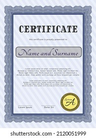Certificate.  Money Pattern design.  With complex background.  Detailed.  Blue color.