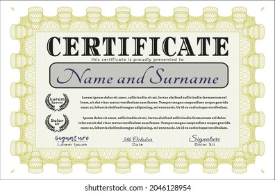 Certificado.  Diseño del patrón de dinero.  Con patrón de guilloche y fondo.  Personalizable, fácil de editar y cambiar los colores.  Color amarillo.