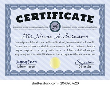 Certificate.  Money style design.  With complex linear background.  Customizable, Easy to edit and change colors.  Blue color.
