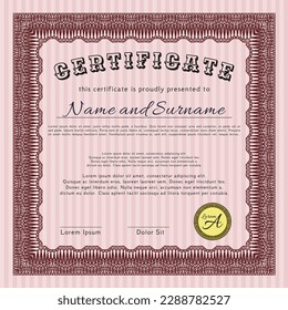 Certificado.  Diseño de estilo de dinero.  Fondo complejo.    Color rojo.