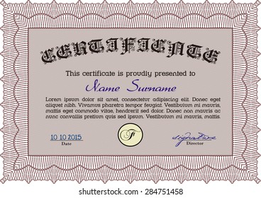 Certificate. Money style.With guilloche pattern. Excellent design. 