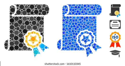 Certificate mosaic of filled circles in various sizes and color tones, based on certificate icon. Vector small circles are organized into blue mosaic.