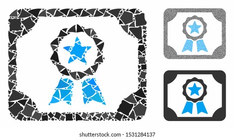 Certificate mosaic of ragged elements in various sizes and shades, based on certificate icon. Vector humpy elements are united into illustration. Certificate icons collage with dotted pattern.