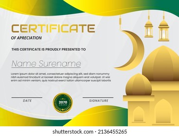 Certificate with Mosque Background and Green Gold Color Suitable for Ramadan Concept Template