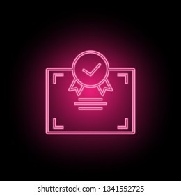 Certificate neon icon can be used to illustrate topics about SEO optimization, data analytics, website performace - Vector