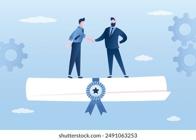 Certificate of new contract, businessmen shake hands while standing on large paper roll. Job offer or agreement between business partners. Entrepreneurs made profitable deal. Business people handshake