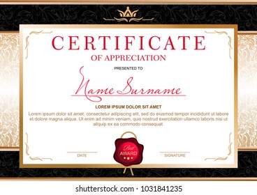 Certificate in the official, solemn, elegant, Royal style in black and gold tones, with the image of the crown and red wax seal (horizontal format)