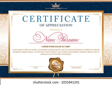 Certificate in the official, solemn, elegant, Royal style in blue and gold tones, with the image of the crown and gold wax seal (horizontal format)