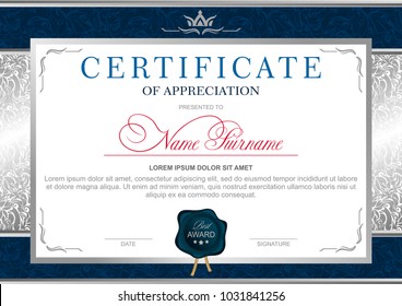 Certificate in the official, solemn, elegant, Royal style in blue and silver tones, with the image of the crown and blue wax seal (horizontal format)