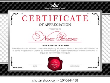 certificate in the official, solemn, elegant, Royal style in black and silver tones, with the image of the crown and red wax seal on the background of chess black and white texture (horizontal format)