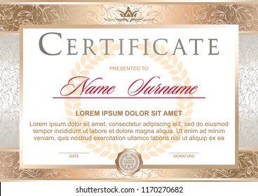 Certificate in the official, solemn, elegant, Royal style in white and gold tones, with the image of the crown(horizontal format)