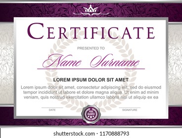 certificate in the official, solemn, elegant, Royal style in violet, marsala, purple and silver tones, with the image of the crown