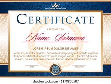 certificate in the official, solemn, elegant, Royal style in blue and gold tones, with the image of the crown