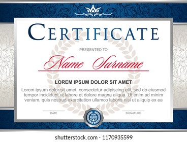 certificate in the official, solemn, elegant, Royal style in blue and silver tones, with the image of the crown