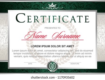 Certificate in the official, solemn, elegant, Royal style in green and silver tones, with the image of the crown