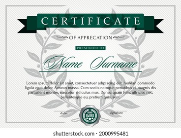A certificate in an official, solemn, elegant style with a laurel wreath of the winner. It is suitable for a diploma, an award certificate, a prize voucher. Vector graphics