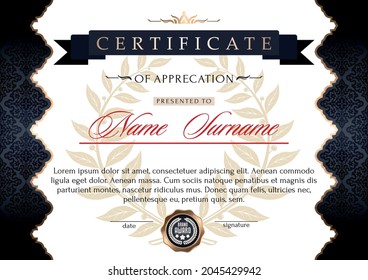 The certificate is in an official, solemn, elegant style with a laurel wreath of the winner and a vintage ornament. A template for a diploma, an award certificate, a prize voucher. Vector illustration