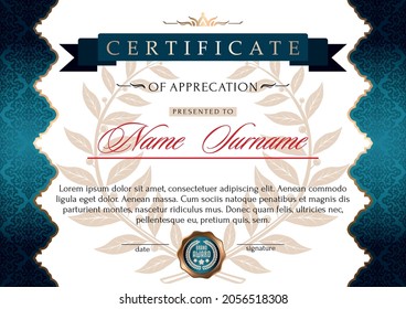 The certificate is in an official, solemn, elegant style with a laurel wreath of the winner and a vintage ornament. A template for a diploma, an award certificate, a prize voucher. Vector illustration