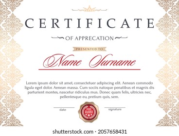 The certificate is in an official, solemn, elegant style with a vintage ornament. A template for a diploma, an award certificate, a prize voucher. Vector illustration