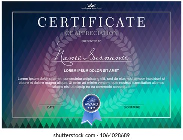 Certificate on a northern lights, abstract polygon background, from a rhombus of different colors (horizontal format)