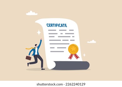 Certificate on taking course, award for excellent work or diploma document, license stamp or education certified guarantee concept, happy businessman with star certificate paper for work achievement.