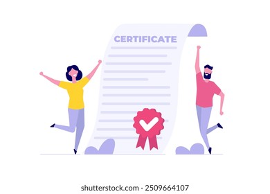 Certificado en tomar curso, premio por concepto de trabajo excelente. Empresarios felices con el papel del certificado. . Ilustración vectorial.
