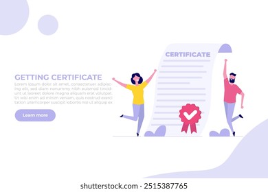 Certificado en tomar curso, premio por concepto de trabajo excelente. Empresarios felices con el papel del certificado. . Ilustración vectorial.
