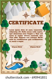Certificate on the theme of tourism. Vector illustration.