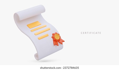 Certificate on white paper scroll with seal. 3D illustration in cartoon style. Document about education, diploma, right to work. Color vector object for site, app