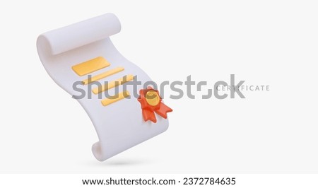 Certificate on white paper scroll with seal. 3D illustration in cartoon style. Document about education, diploma, right to work. Color vector object for site, app