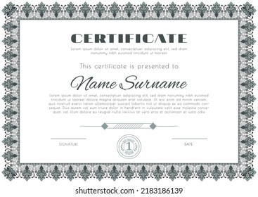 Certificate with ornamental frame . White Design blank with dark ornamental frame. Business modern design. Vector illustration