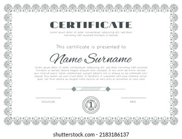 Certificate with ornamental thin frame . White Design blank with dark ornamental frame. Business modern design. Vector illustration