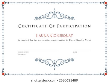 Certificate and ornate frame template. Hand drawn scroll design. For invitation, flyer, poster, cover, business card, banner, email header, post in social networks, advertising. 