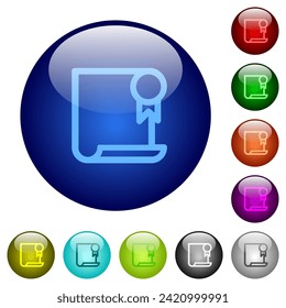 Certificate outline icons on round glass buttons in multiple colors. Arranged layer structure