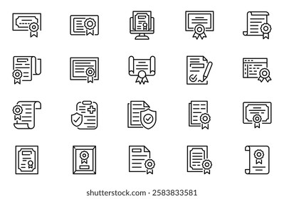 Certificate outline icons set. Linear icon collection. Editable stroke. Vector illustration