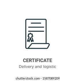 Certificate outline vector icon. Thin line black certificate icon, flat vector simple element illustration from editable delivery and logistic concept isolated on white background