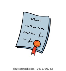 Certificate or paper document with seal. Diploma file with stamp, legal agreement illustration. Business page, law sheet with sign. Award and education contract with signature